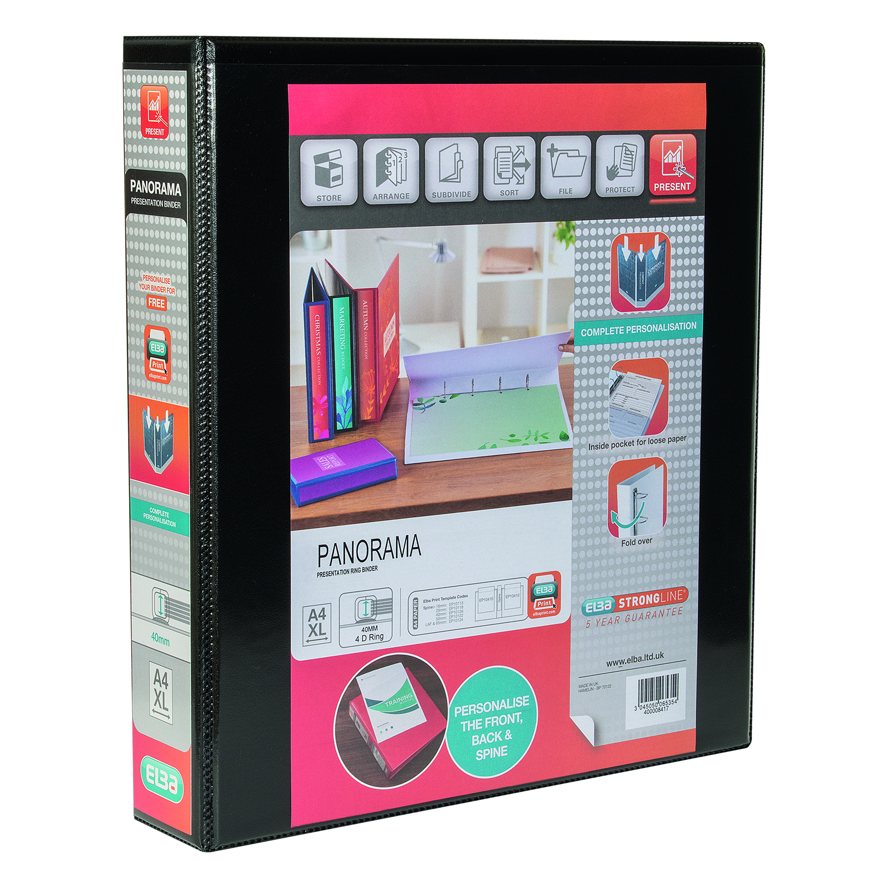 Elba+Panorama+40mm+4+D-Ring+Presentation+Binder+A4+Black+%286+Pack%29+400008417