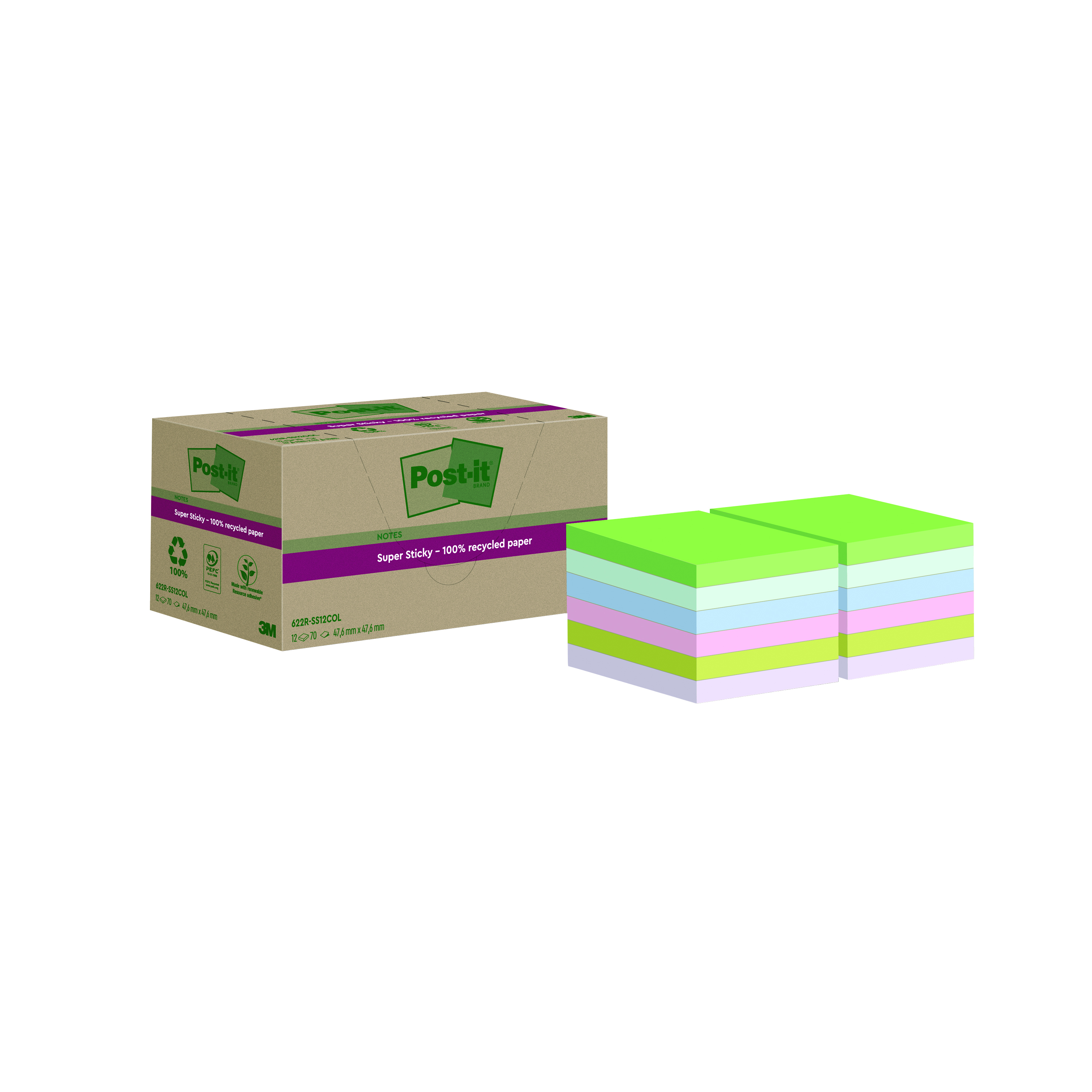 Post-it+Super+Sticky+Recycle+47.6x47.6+Cardboard+Packaging+Assorted+%28Pack+of+12%29+622RSS12COL