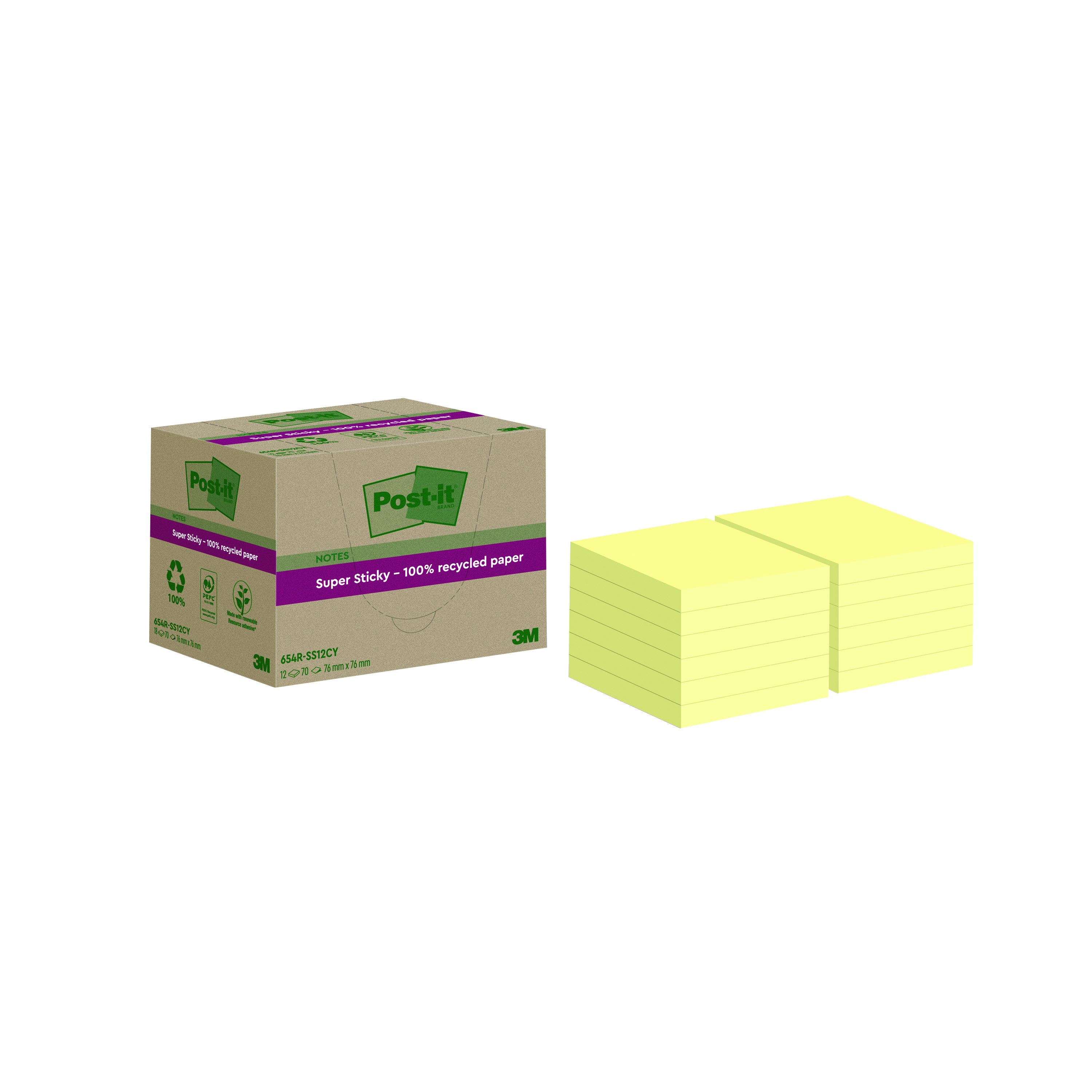 Post-it+Super+Sticky+Recycled+76x76mm+Cardboard+Packaging+Yellow+%28Pack+of+12%29+654+RSS12CY