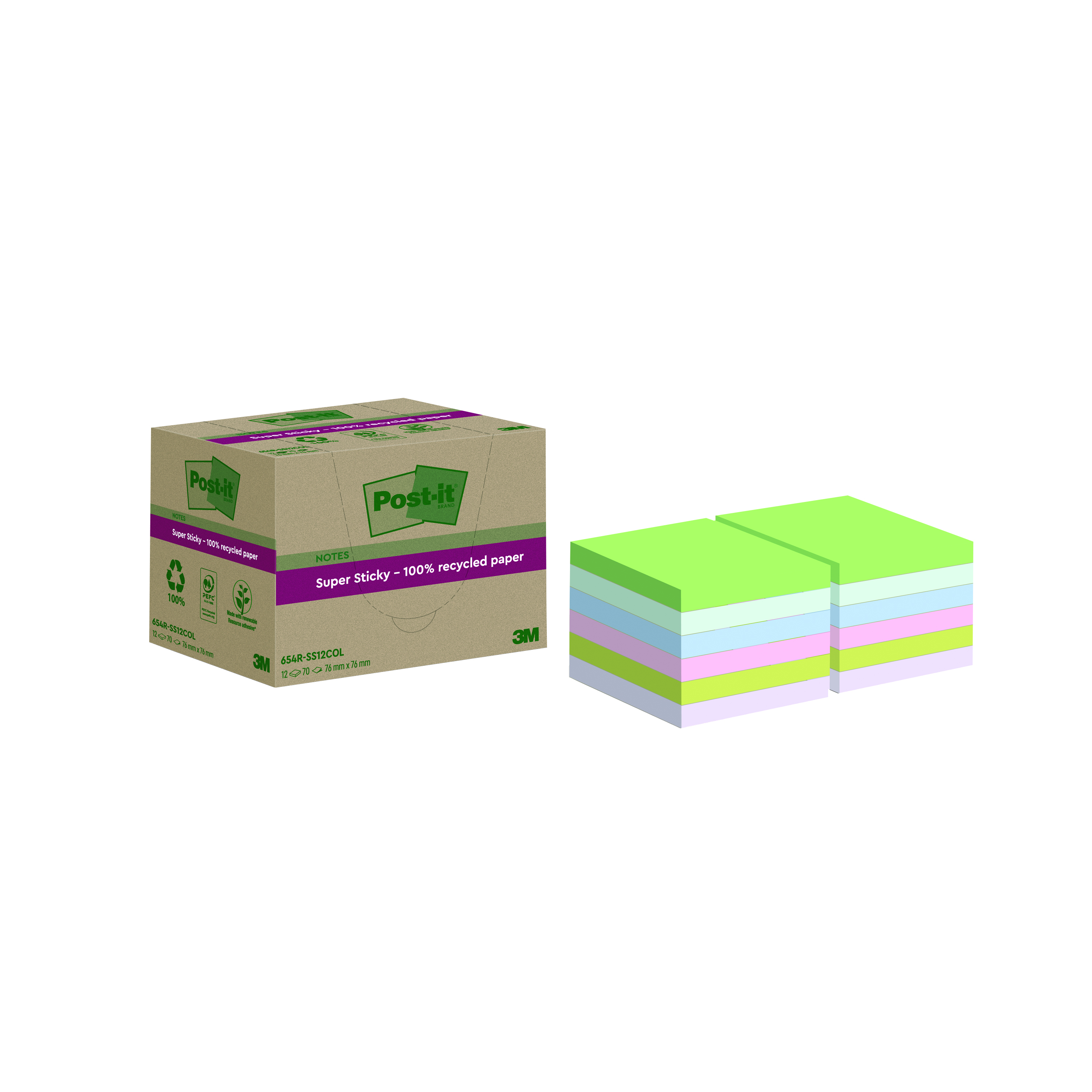 Post-it+Super+Sticky+Recycled+76x76mm+Cardboard+Packaging+Assorted+%28Pack+of+12%29+654+RSS12COL