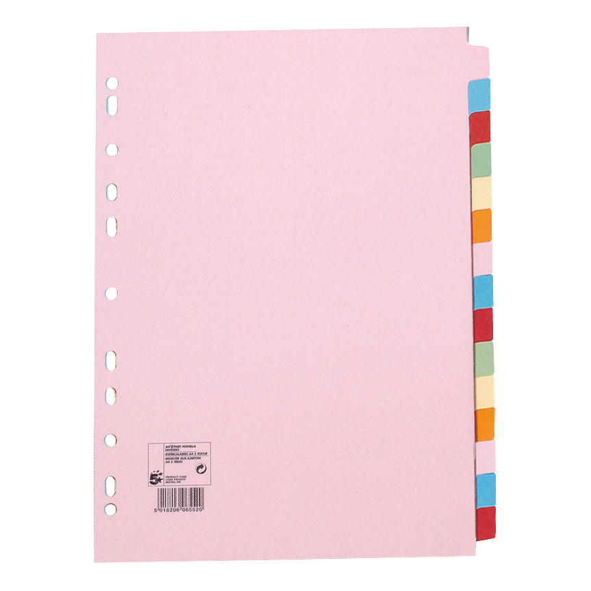 5+Star+Office+Subject+Dividers+15-Part+Recycled+Card+Multipunched+155gsm+A4+Assorted+%28Pack+of+10%29