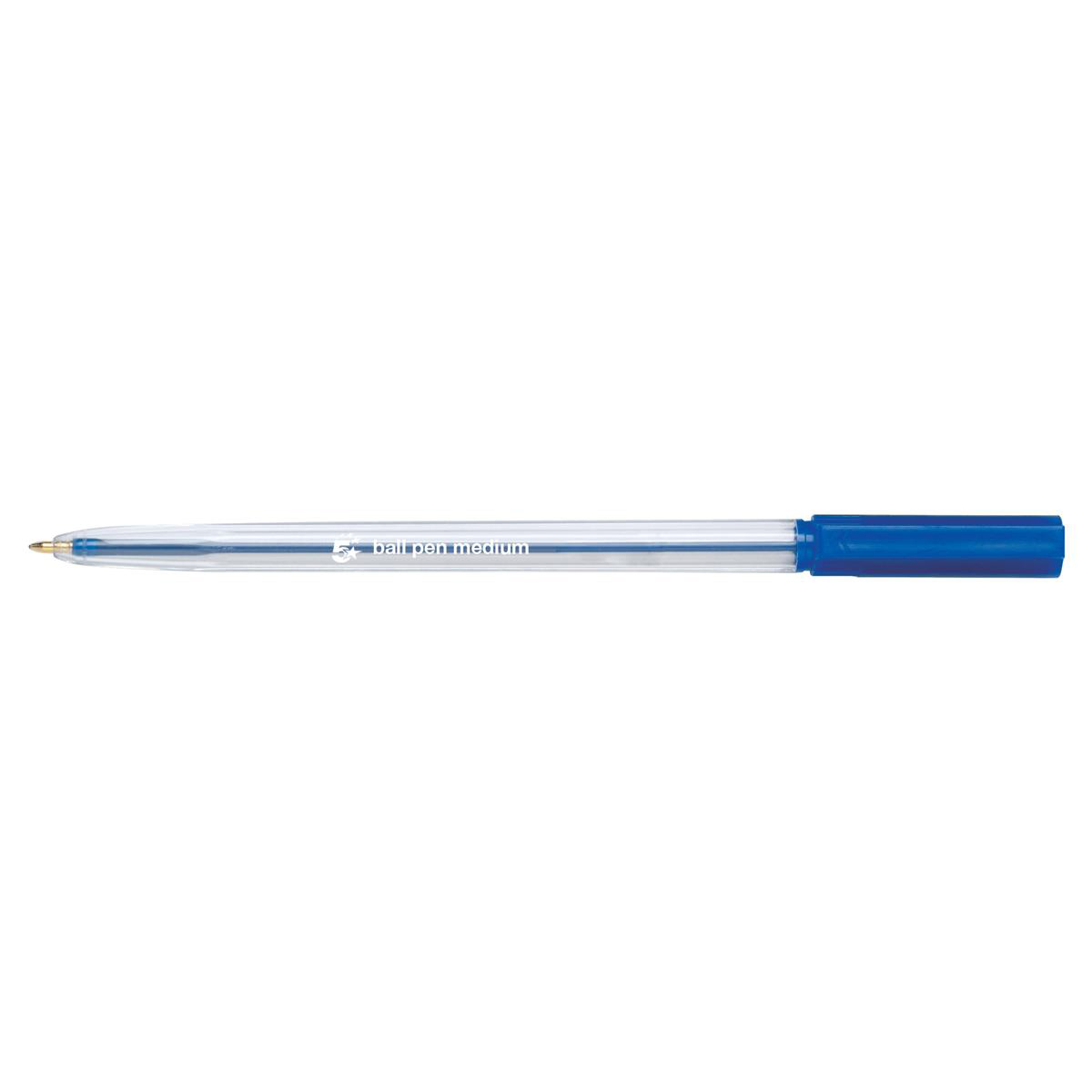5+Star+Office+Ball+Pen+Clear+Barrel+Medium+1mm+Tip+0.7mm+Line+Blue+%28Pack+of+20%29