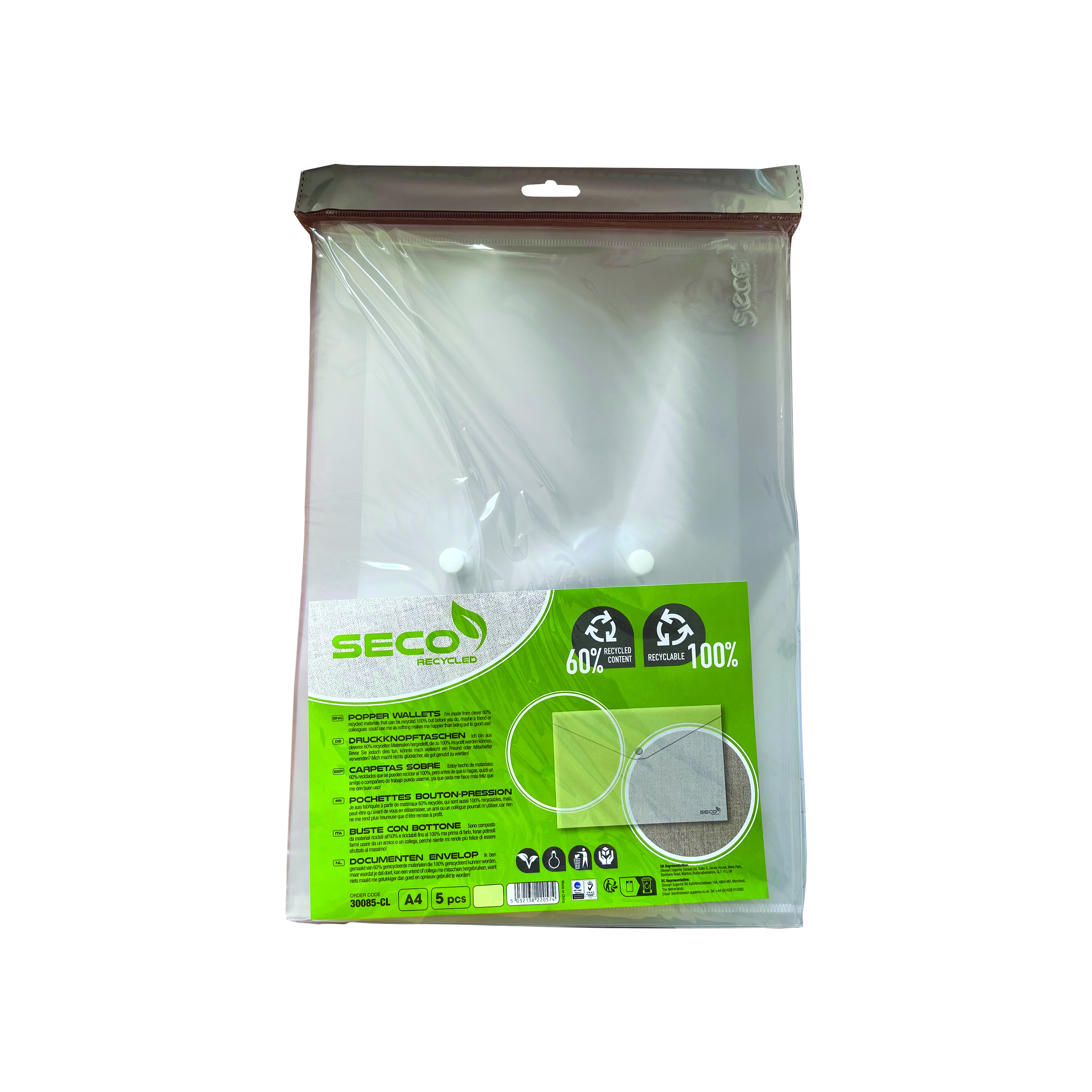 Seco+Recycled+Popper+Wallet+A4+Clear+%28Pack+of+5%29+30085-CL