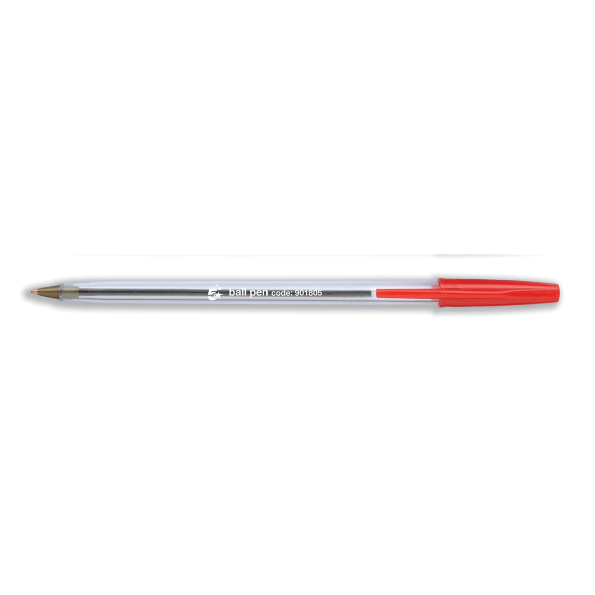 5+Star+Office+Ball+Pen+Clear+Barrel+Medium+1mm+Tip+0.4mm+Line+Red+%28Pack+of+50%29