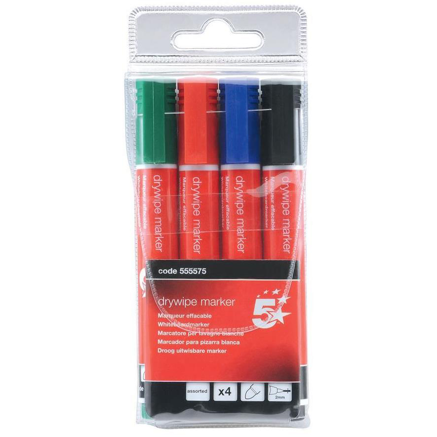 5+Star+Office+Drywipe+Marker+Xylene%2FToluene-free+Bullet+Tip+3mm+Line+Wallet+Assorted+%28Pack+of+4%29