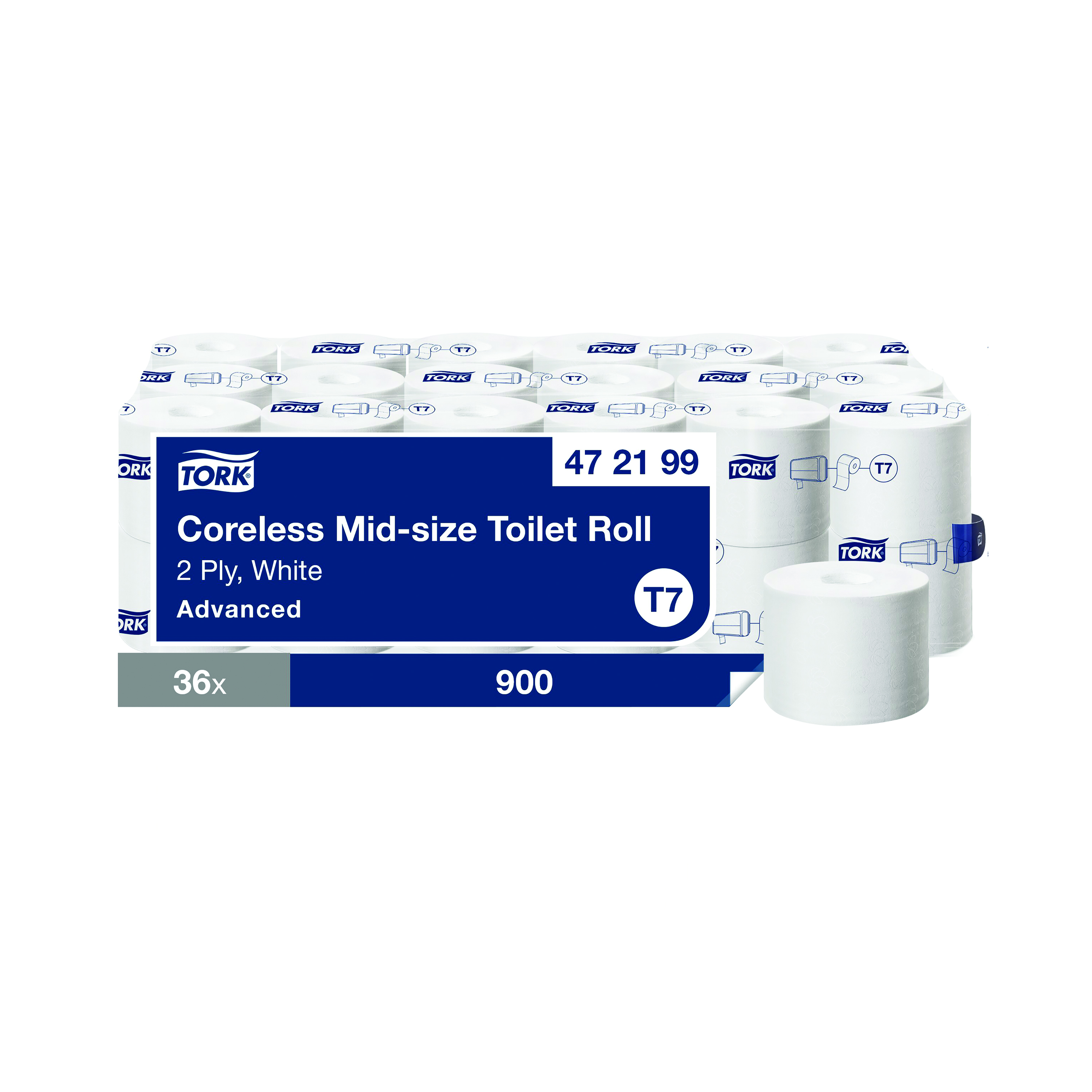 Tork+T7+Coreless+Mid-Size+Toilet+Roll+Advanced+2-Ply+White+900+Sheets+%28Pack+of+36%29+472199