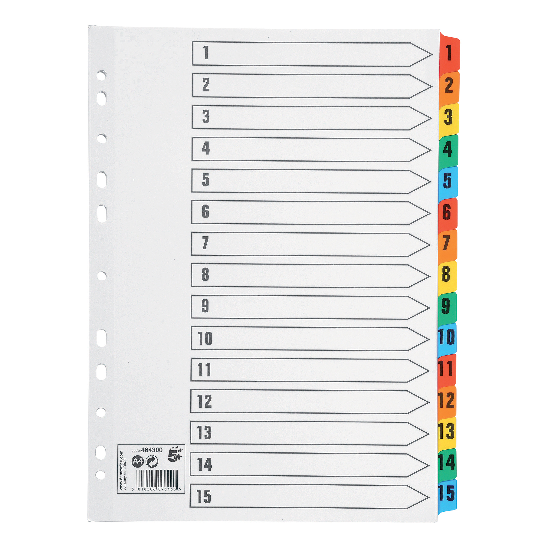 5+Star+Office+Index+1-15+Multipunched+Mylar-reinforced+Multicolour-Tabs+160gsm+A4+White