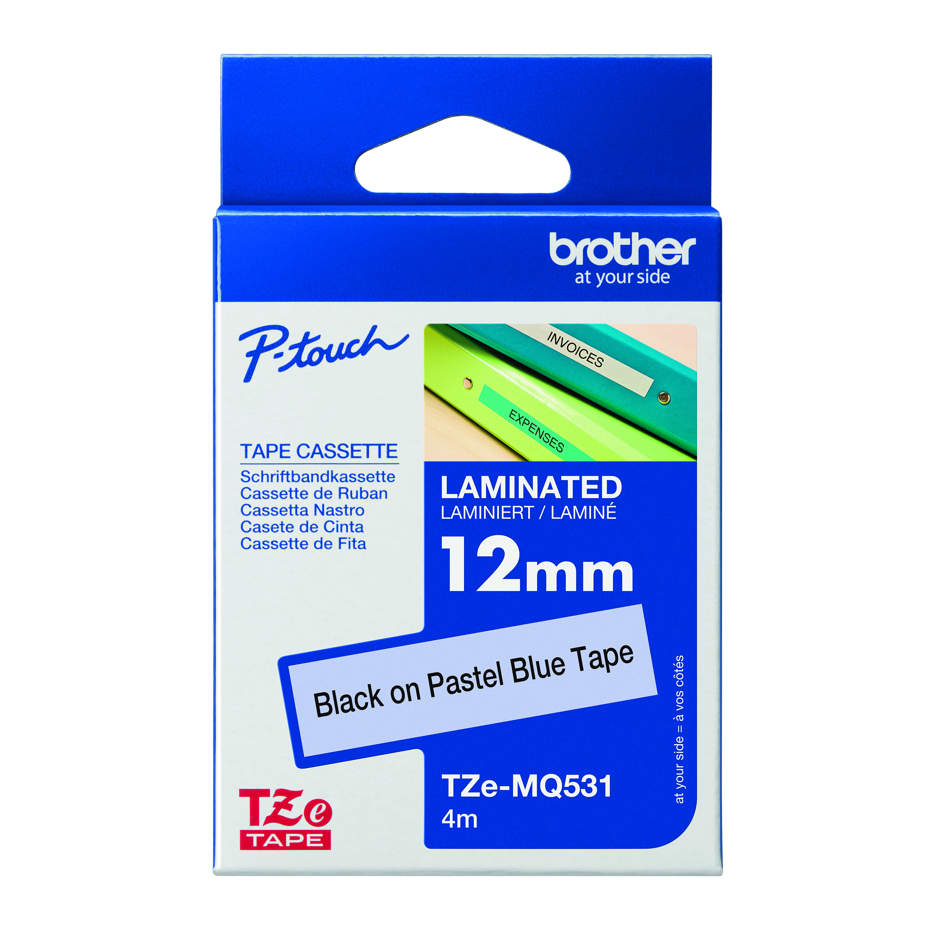 Brother+P-Touch+TZe+Lam+Tape+Cassette+12mm+x+8m+Black+on+Pastel+Blue+TZEMQ531