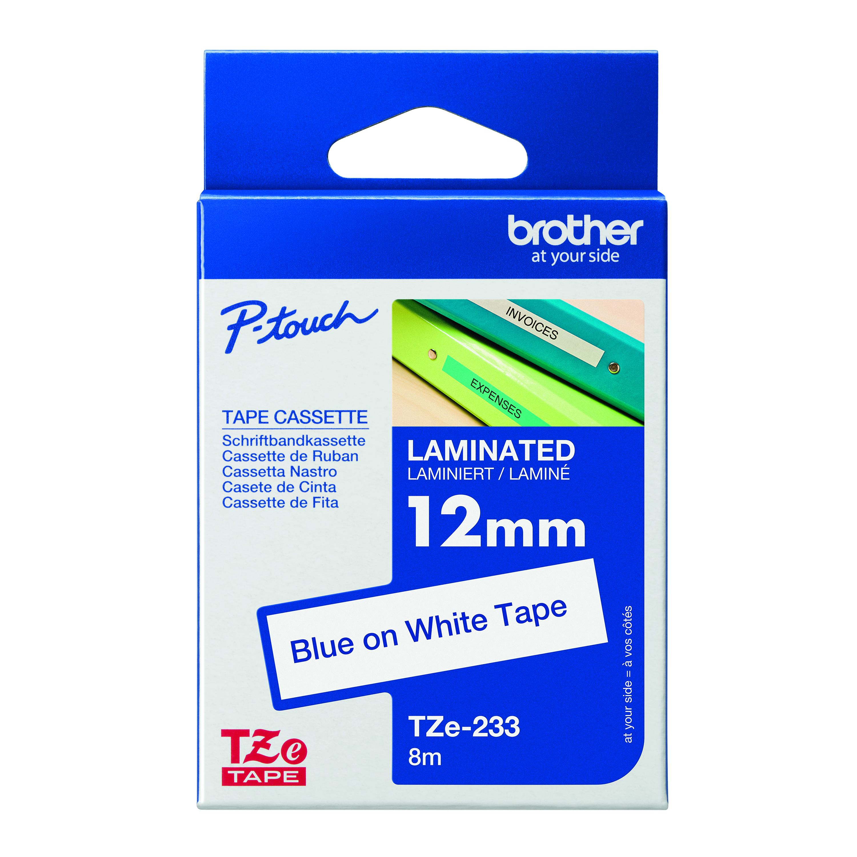 Brother+P-Touch+TZe+Lam+Tape+Cassette+12mm+x+8m+Blue+on+White+Tape+TZE233