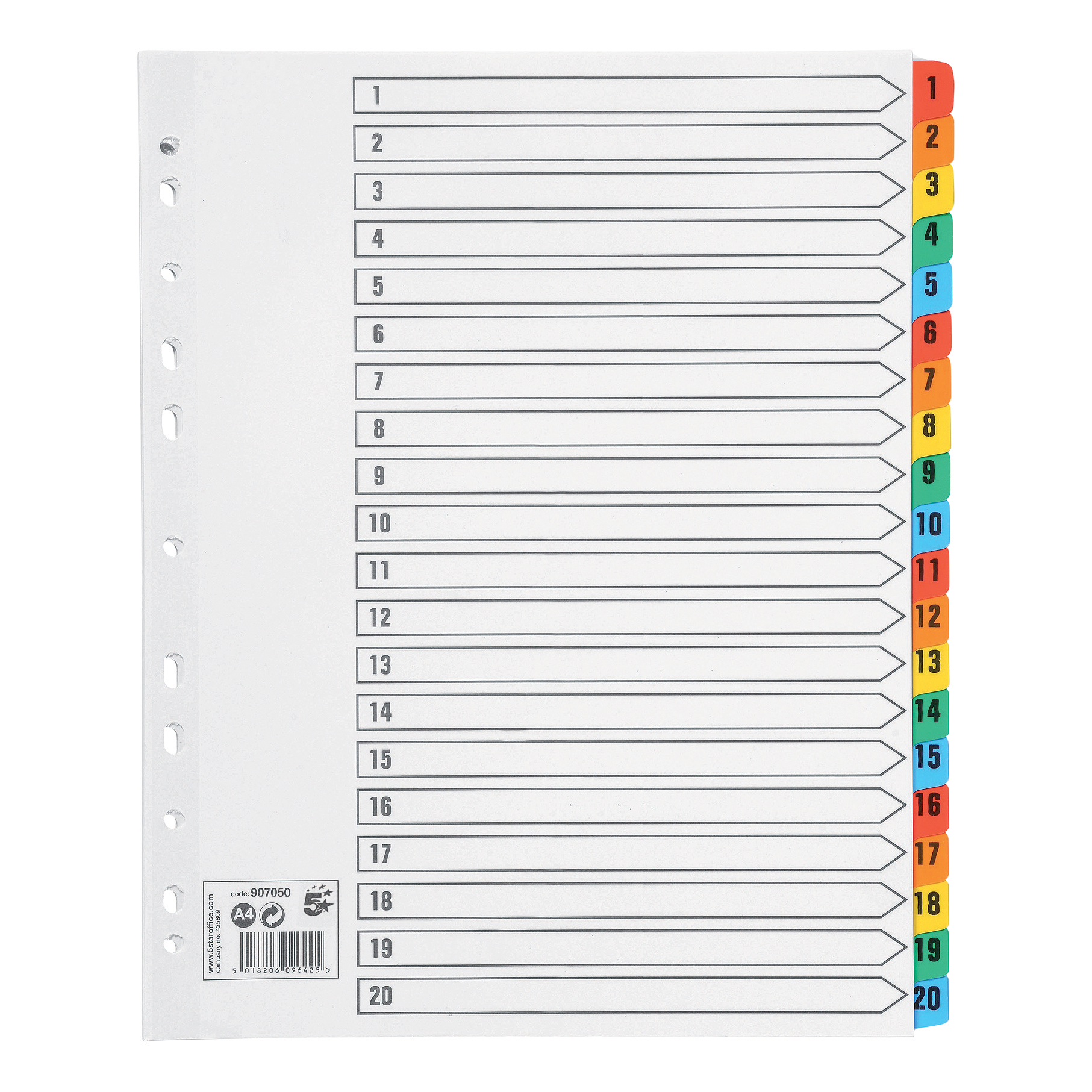 5+Star+Office+Maxi+Index+1-20+Multipunched+Mylar-reinforced+Multicolour+Tabs+Extra+Wide+A4%2B+White