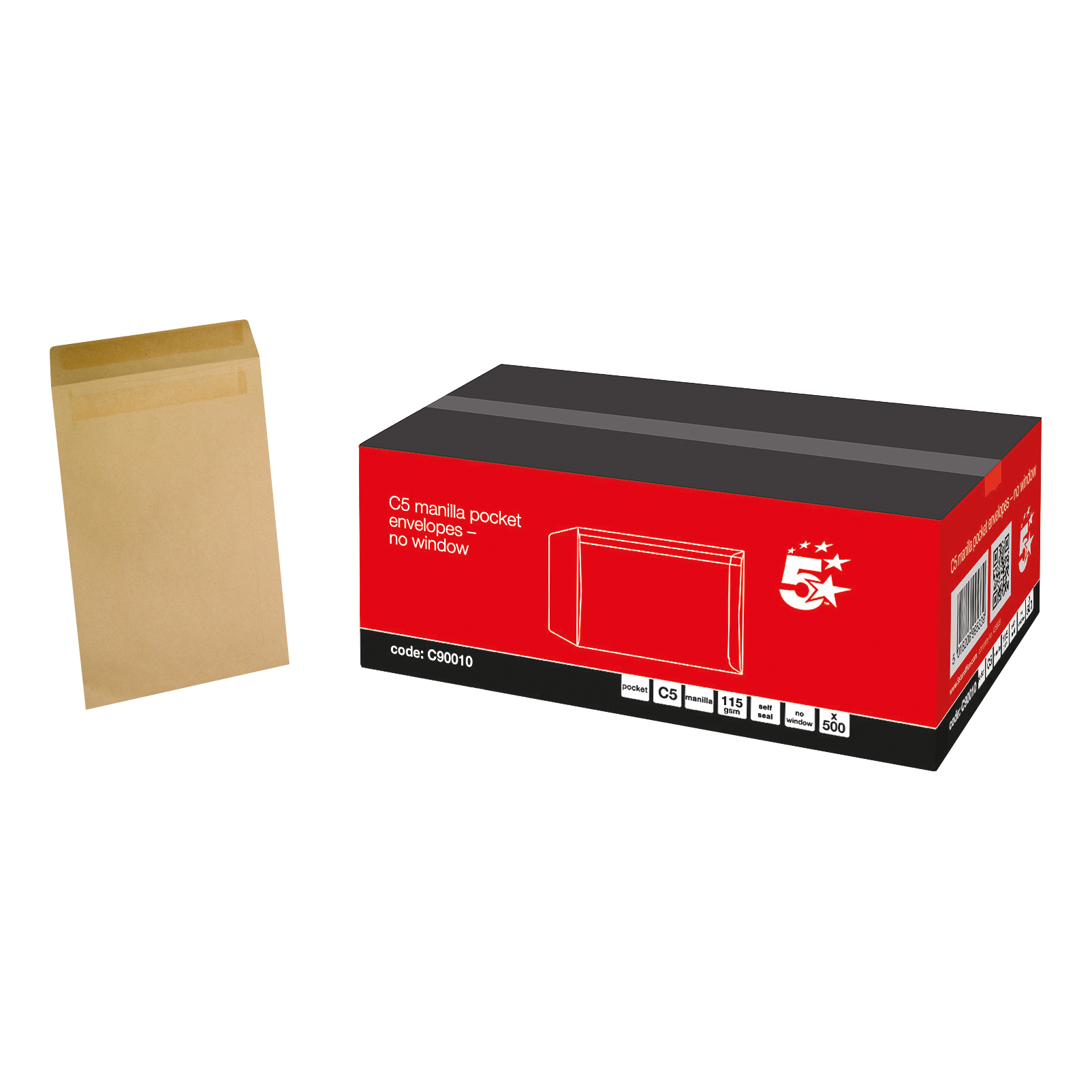 5+Star+Office+Envelopes+Pocket+Self+Seal+115gsm+C5+229x162mm+Manilla+%28Pack+of+500%29