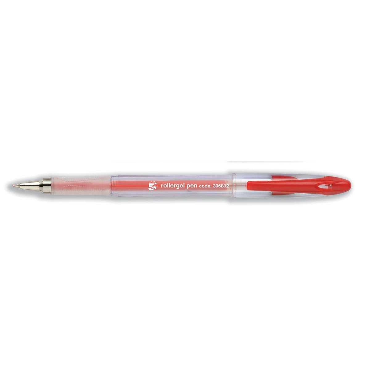 5+Star+Office+Roller+Gel+Pen+Clear+Barrel+1mm+Tip+0.5mm+Line+Red+%28Pack+of+12%29