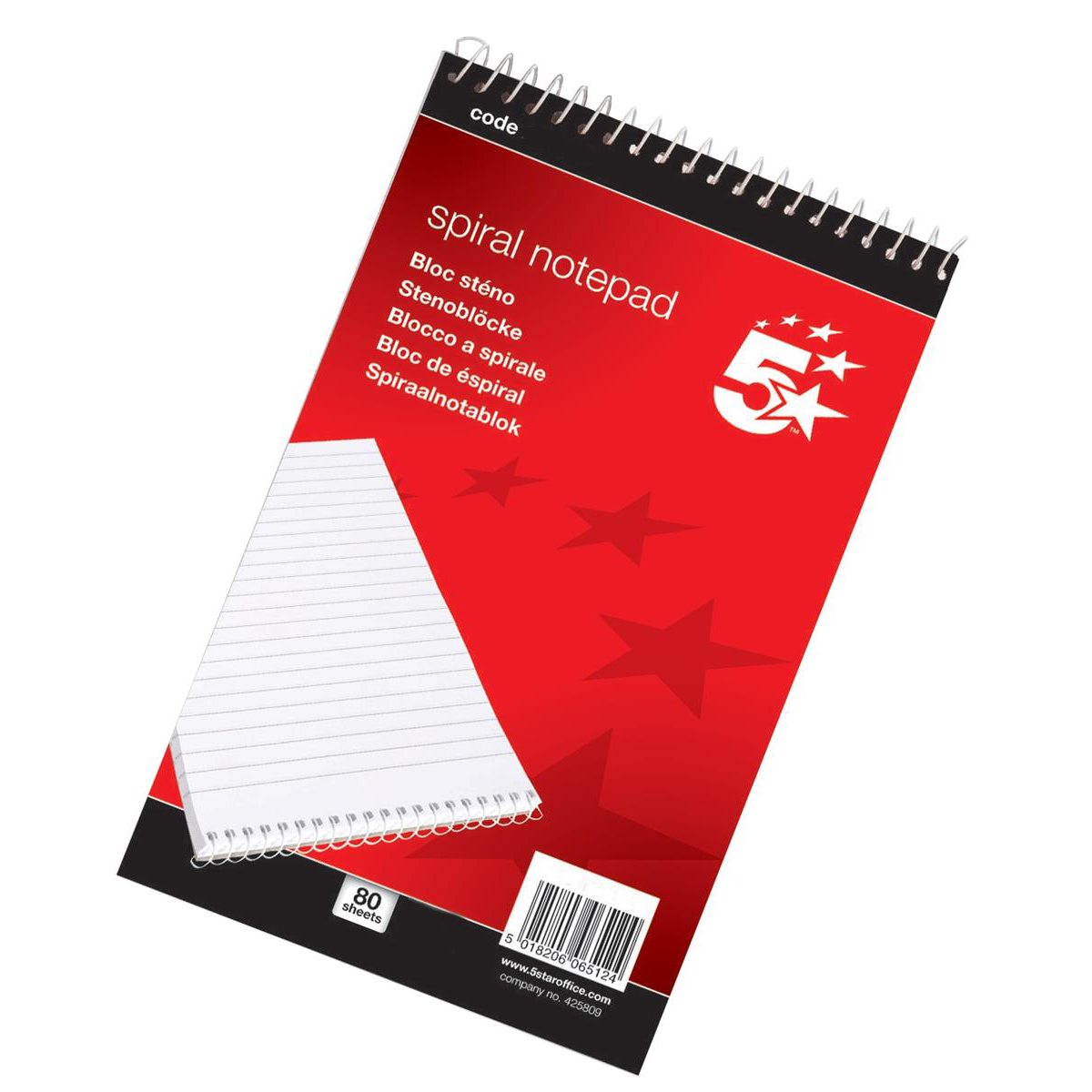 5+Star+Office+Shorthand+Pad+Wirebound+60gsm+Ruled+200pp+A5+Red