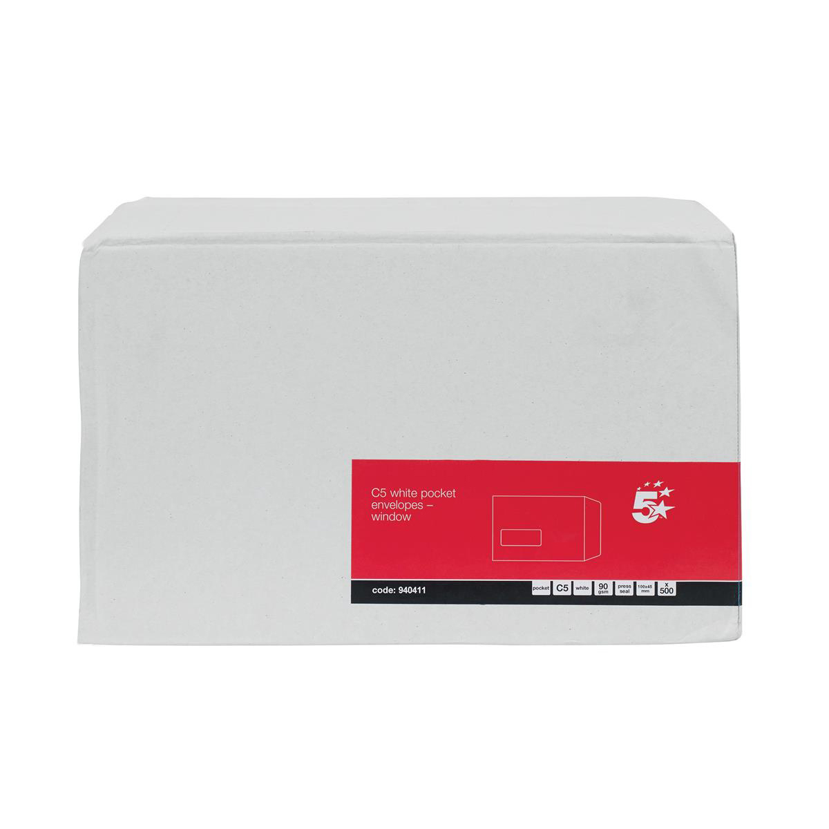 5+Star+Office+Envelopes+Pocket+Self+Seal+Window+90gsm+C5+229x162mm+White+%28Pack+of+500%29