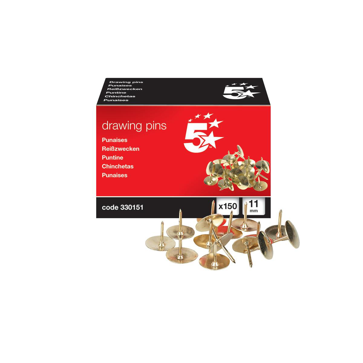 5+Star+Office+Brassed+Drawing+Pins+11mm+Head+Diameter+150s+%28Pack+of+10%29