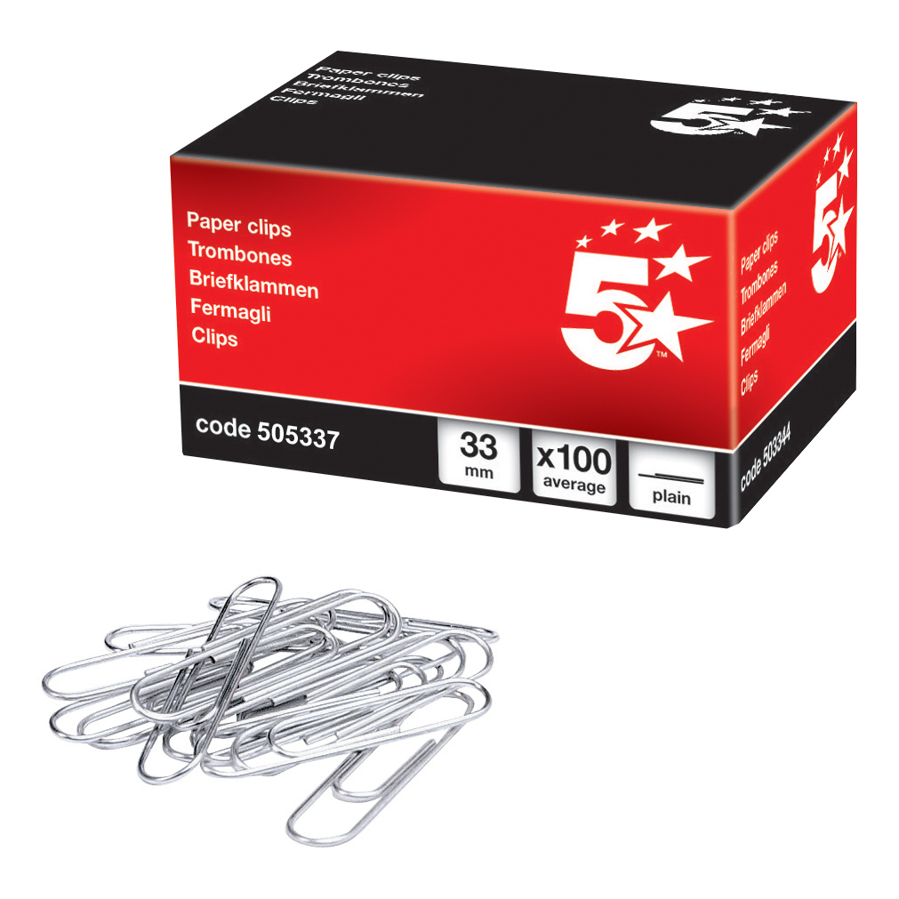 5+Star+Office+Paperclips+Metal+Large+Length+33mm+Plain+%5BPack+100%5D+%40MS-3