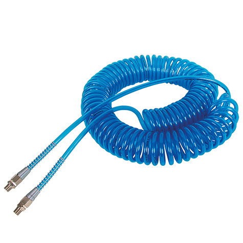 1/4" BSP Tapered Male x 8mm Outside Diameter x 5mm Inside Diameter, 90° Unequal Tail Brass Nickel Plated Swivel, with Spring Guard, Polyurethane Ester Recoil Assembly, Metric, Crystal Blue, 8 Metre Coil, Working Temperature -20°C to +70°C