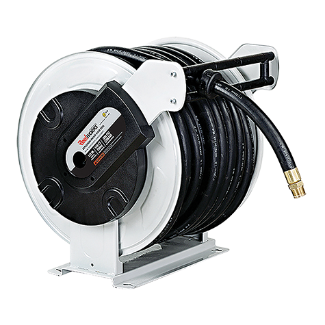 Heavy Duty Spring Rewind ATEX Reel, Constructed in heavy gauge powder coated carbon steel, Hose capacity: 66'/20m, Hose ID: 1/2"