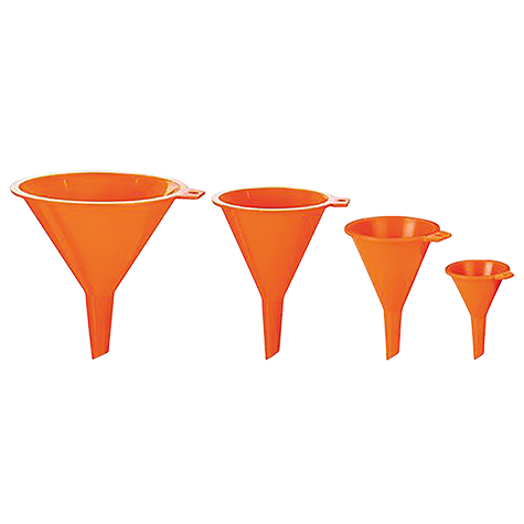 Polypropylene funnels designed for quick & drip free transfer of a variety of fluids, Capacity: 430ml (15oz), 245ml (8.5oz), 120ml (4.2oz) & 40ml (1.4oz), Diameter: 125mm (5 ), 100mm (4 ), 75mm (3 ) & 50mm (2 ), Do not use with: Acids & other media at tempratures above 60°C (140°F)