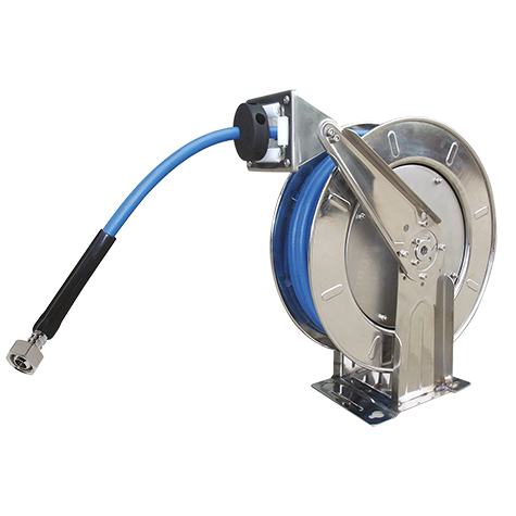 1/2" BSP Tapereded Female Inlet x 3/8" BSP Parallel Female Outlet x 3/8" Inside Diameter, Blue 1 Wire Pressure Wash, Spring Rewind, Mountable Stainless Steel Hose Reel, 15 Metres Length, Stainless Steel Case, Maximum Working Temperature +155°C, Maximum Working Pressure 175 bar, FT Pro