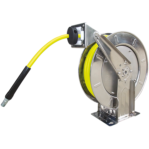 1/2" BSP Tapereded Female Inlet x 3/8" BSP Tapereded Male Outlet x 3/8" Inside Diameter, Hi-Vis Air & Water, Spring Rewind, Mountable Stainless Steel Hose Reel, 15 Metres Length, Stainless Steel Case, Working Temperature -20°C to +80°C, Maximum Working Pressure 20 bar, FT Pro