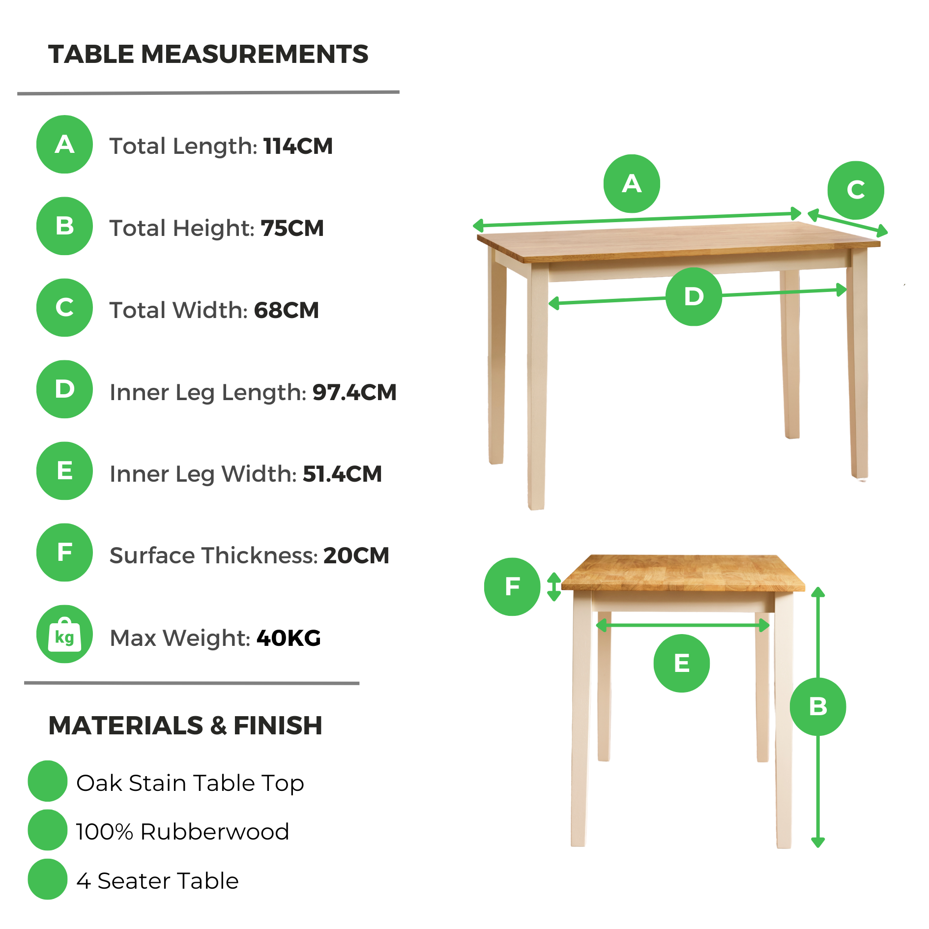 Salcombe Rectangular Oak and Cream Solid Wood 4 Seater Dining Table