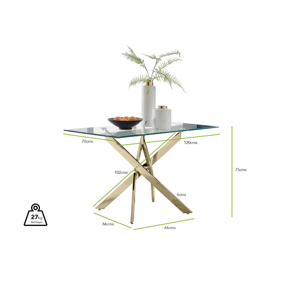 Leonardo Rectangular Glass and Gold Metal 4 Seater Dining Table
