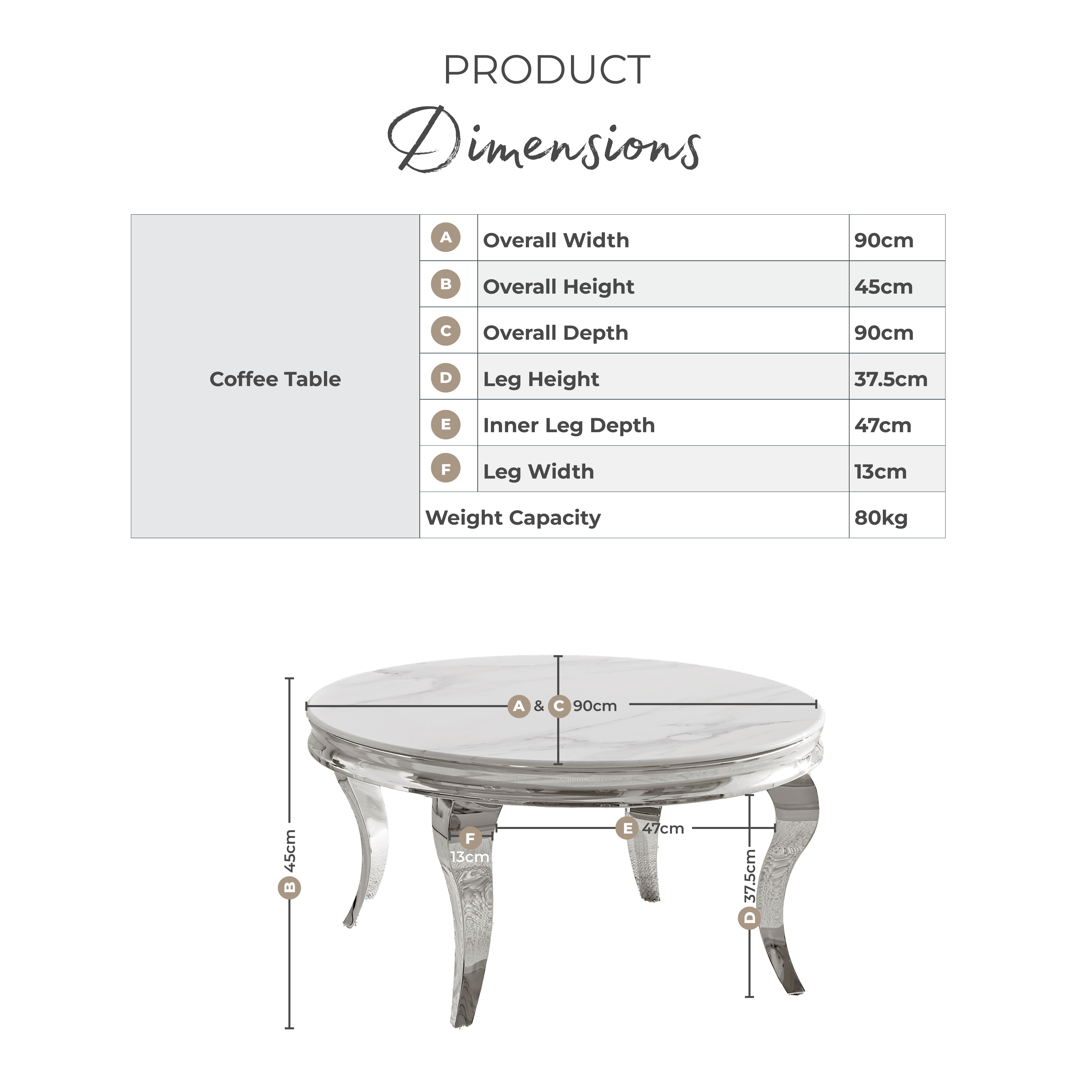 Skye Round White Marble Glass and Metal Coffee Table