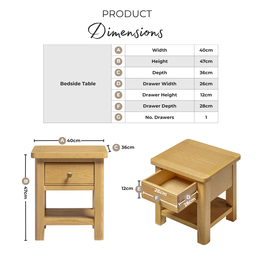 Belle 1 Drawer Solid Oak Wood Bedside Table