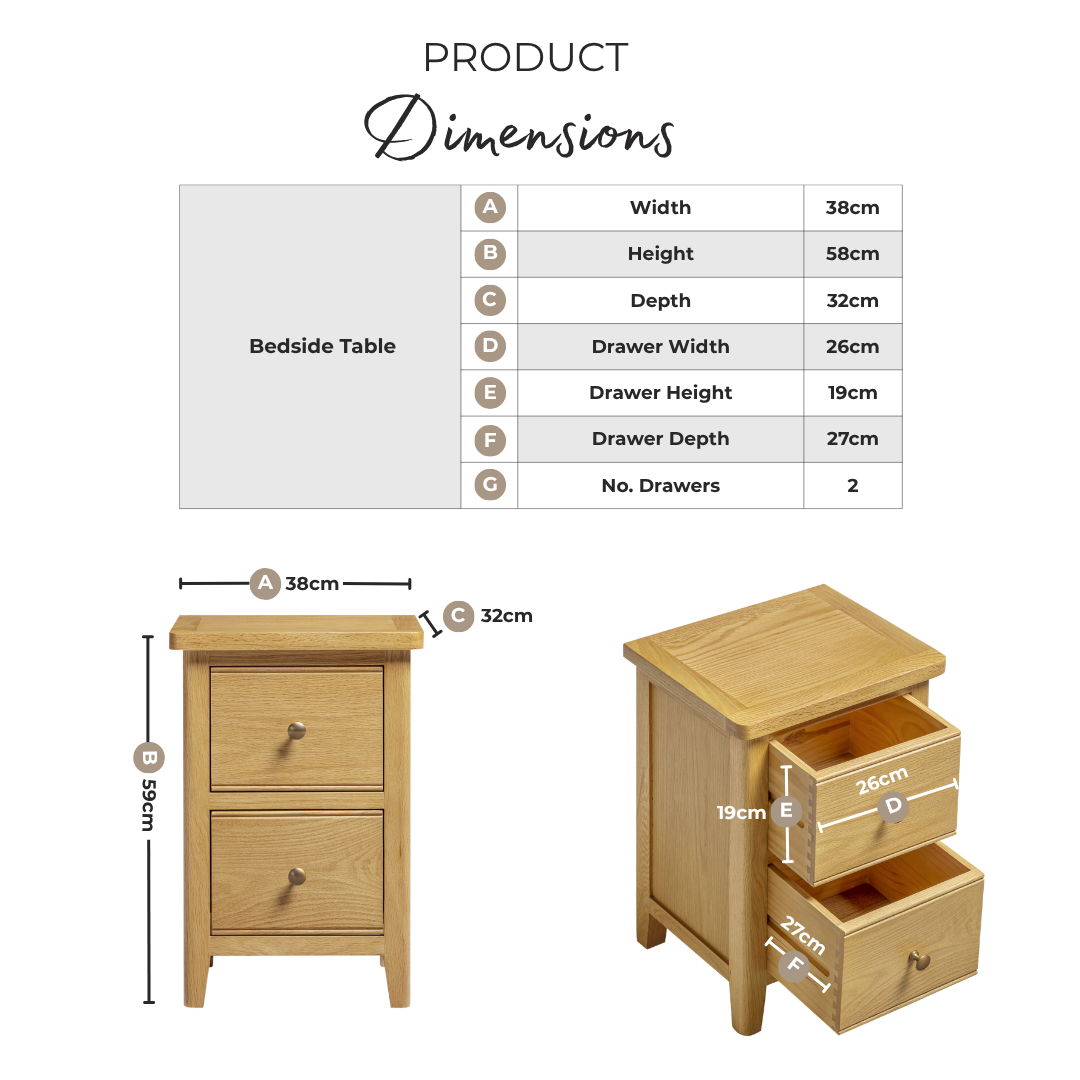 Belle 2 Drawer Solid Oak Wood Slim Bedside Table
