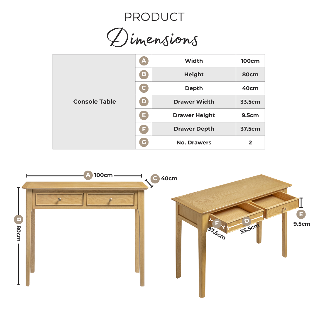Belle 2 Drawer Solid Oak Wood Console Table
