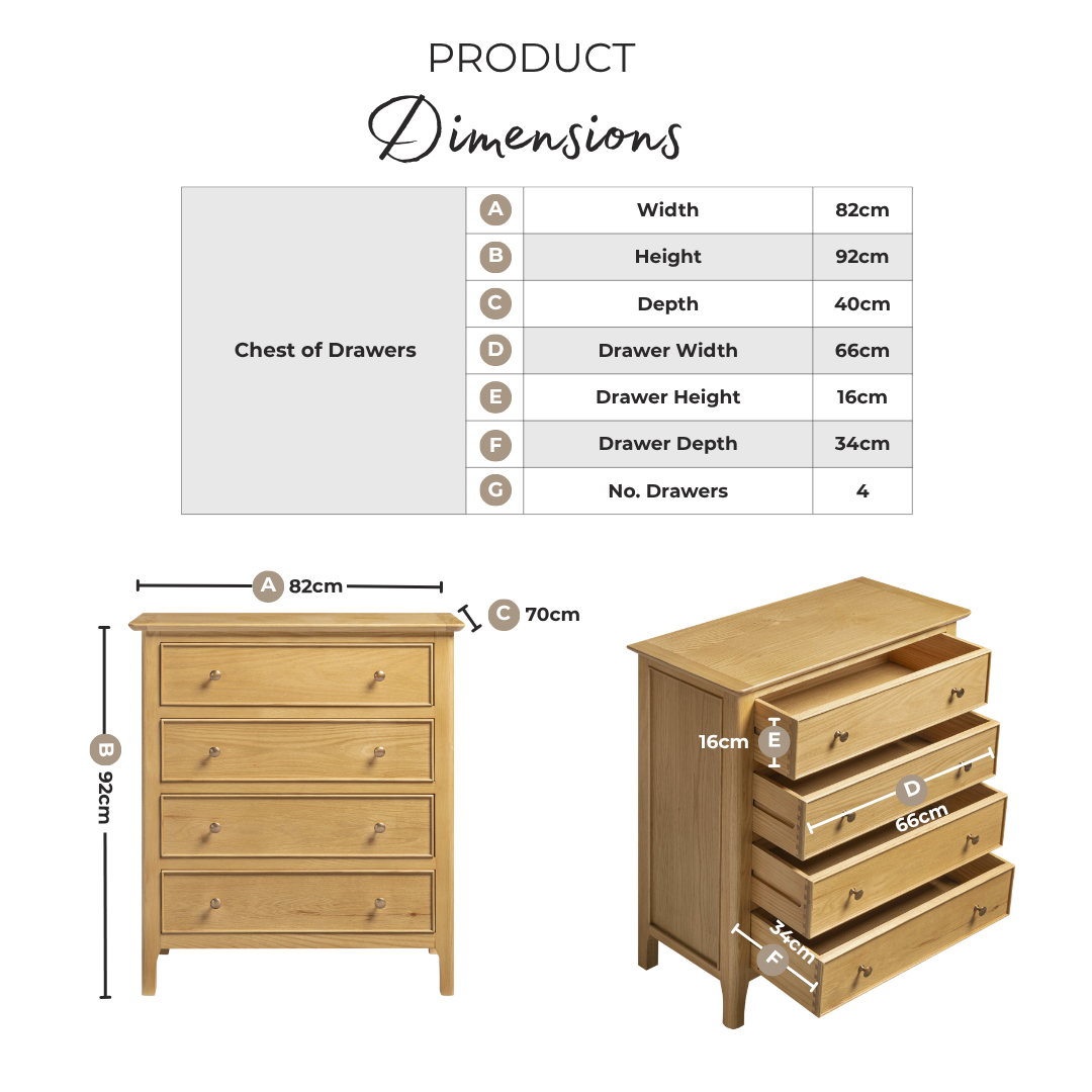 Belle 4 Drawer Solid Oak Wood Chest of Drawers