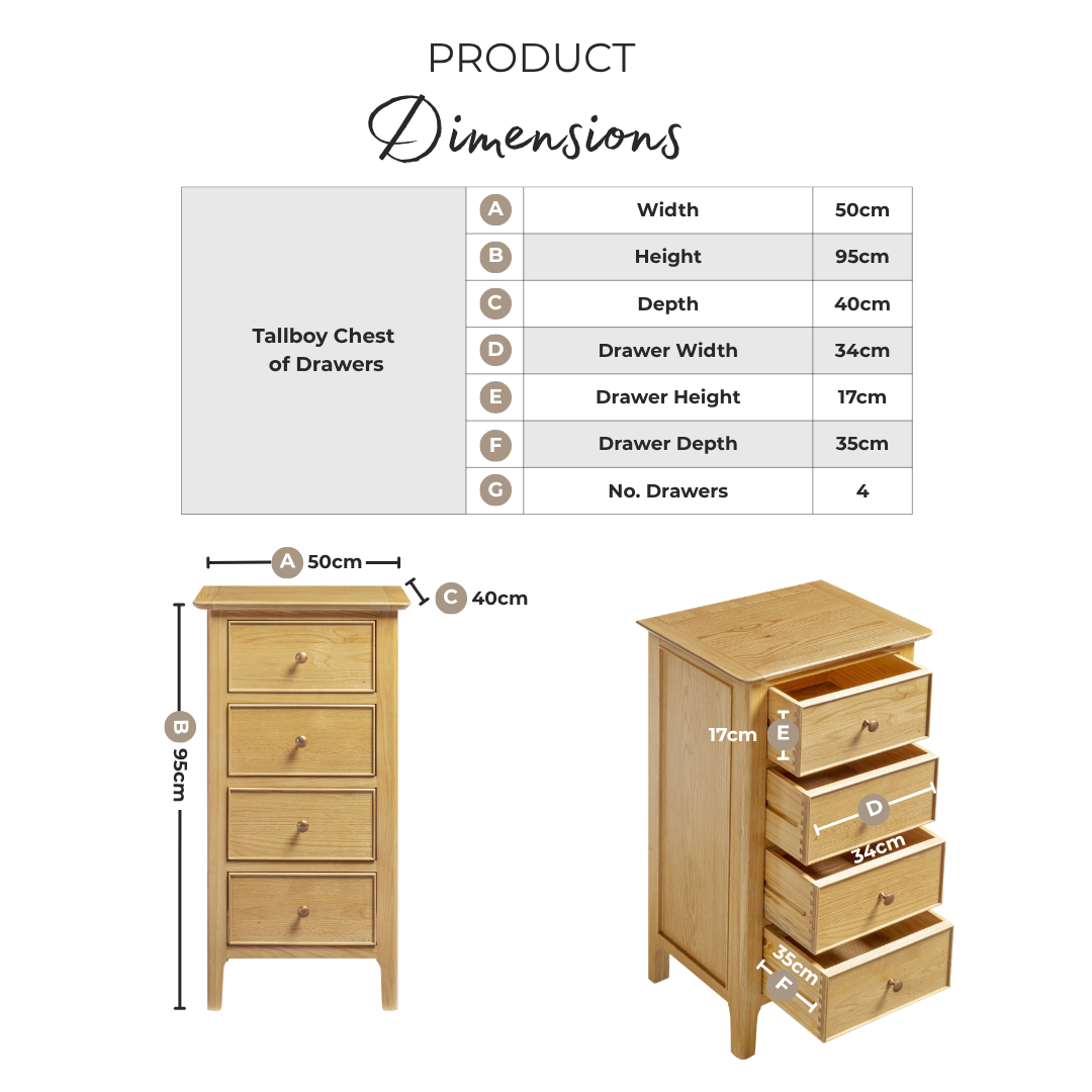 Belle 4 Drawer Tall Solid Oak Slim Chest of Drawers