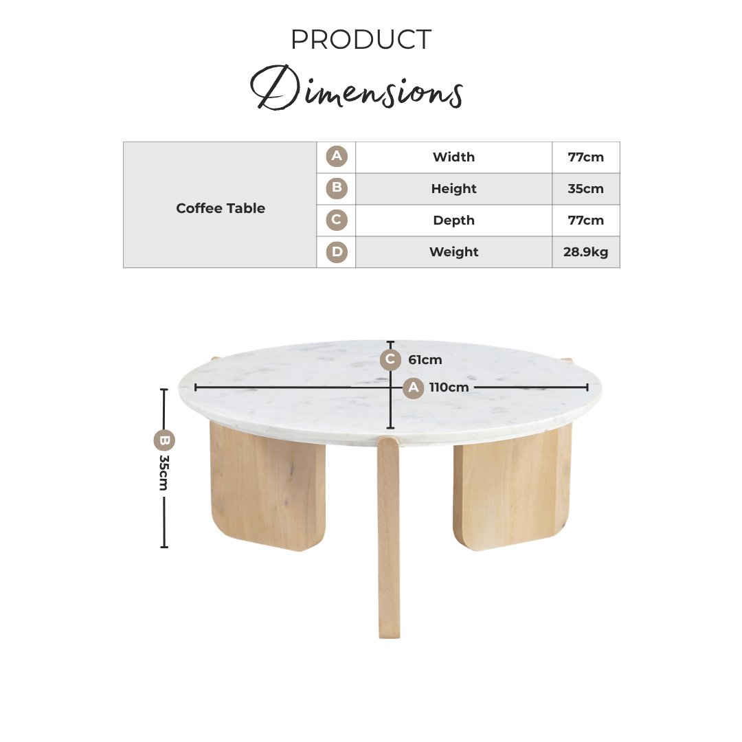 Solia Round White Oak Wood & Marble Coffee Table