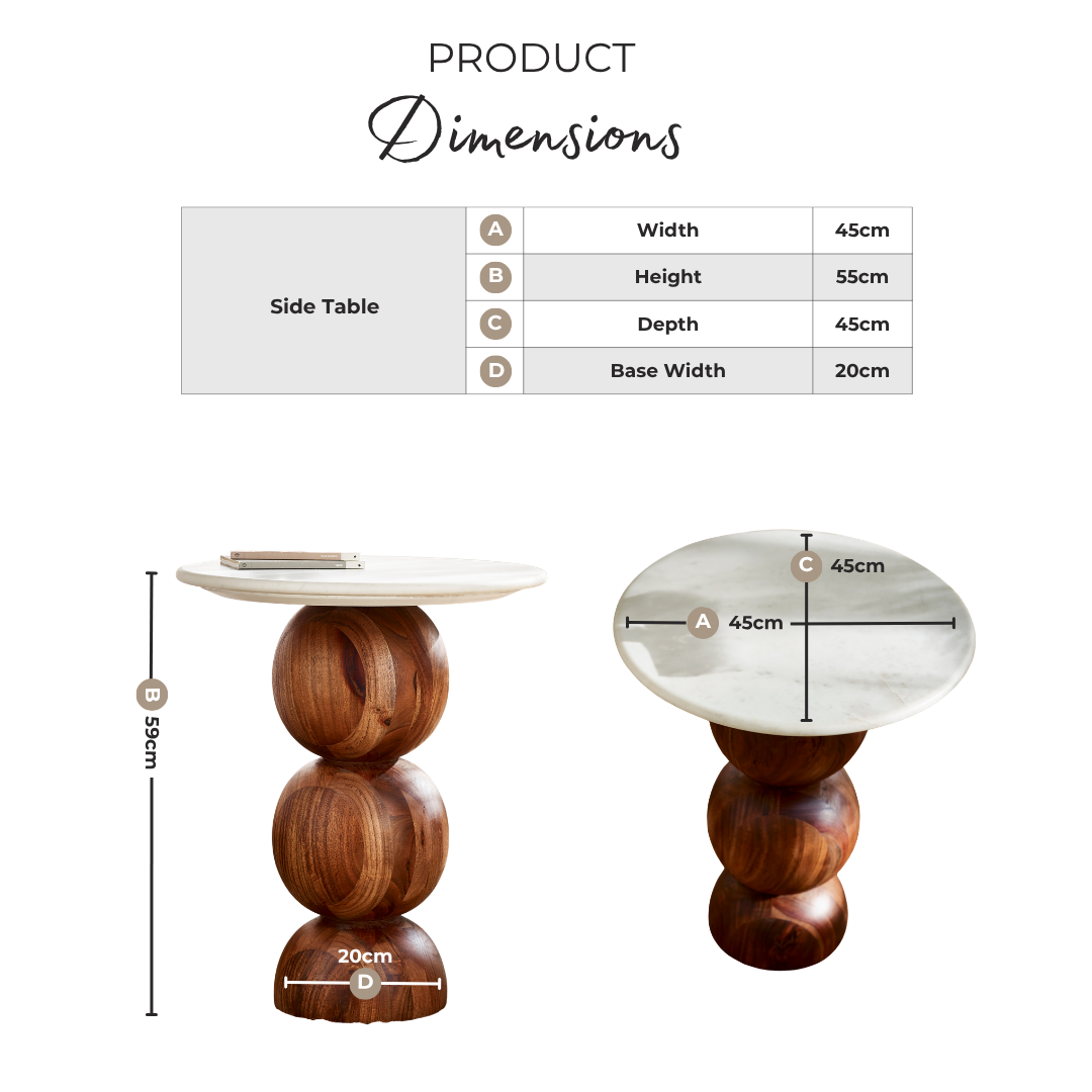 Veer Round White Marble and Solid Acacia Wood Side Table