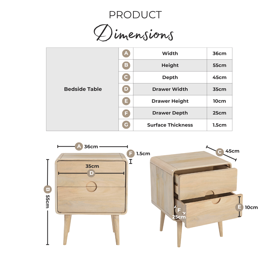 Denali 2 Drawer Rectangle White Oak Wood Bedside Table