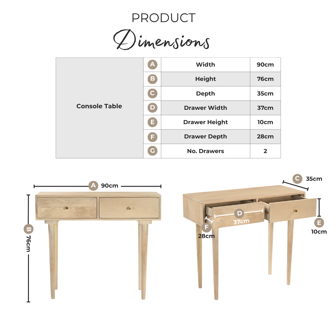 Everest Rectangle White Oak Wood 2 Drawer Console Table