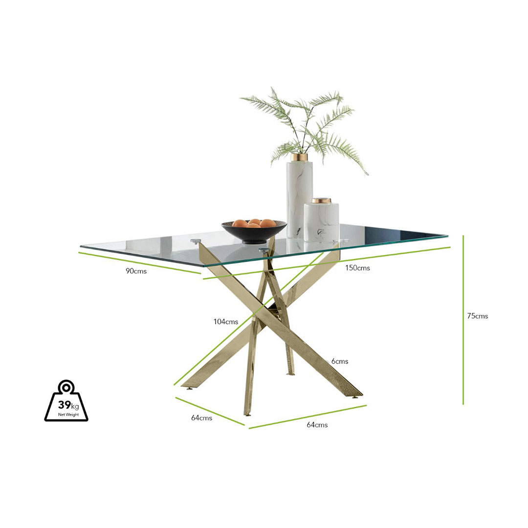 Leonardo Rectangular Glass and Gold Metal 6 Seater Dining Table