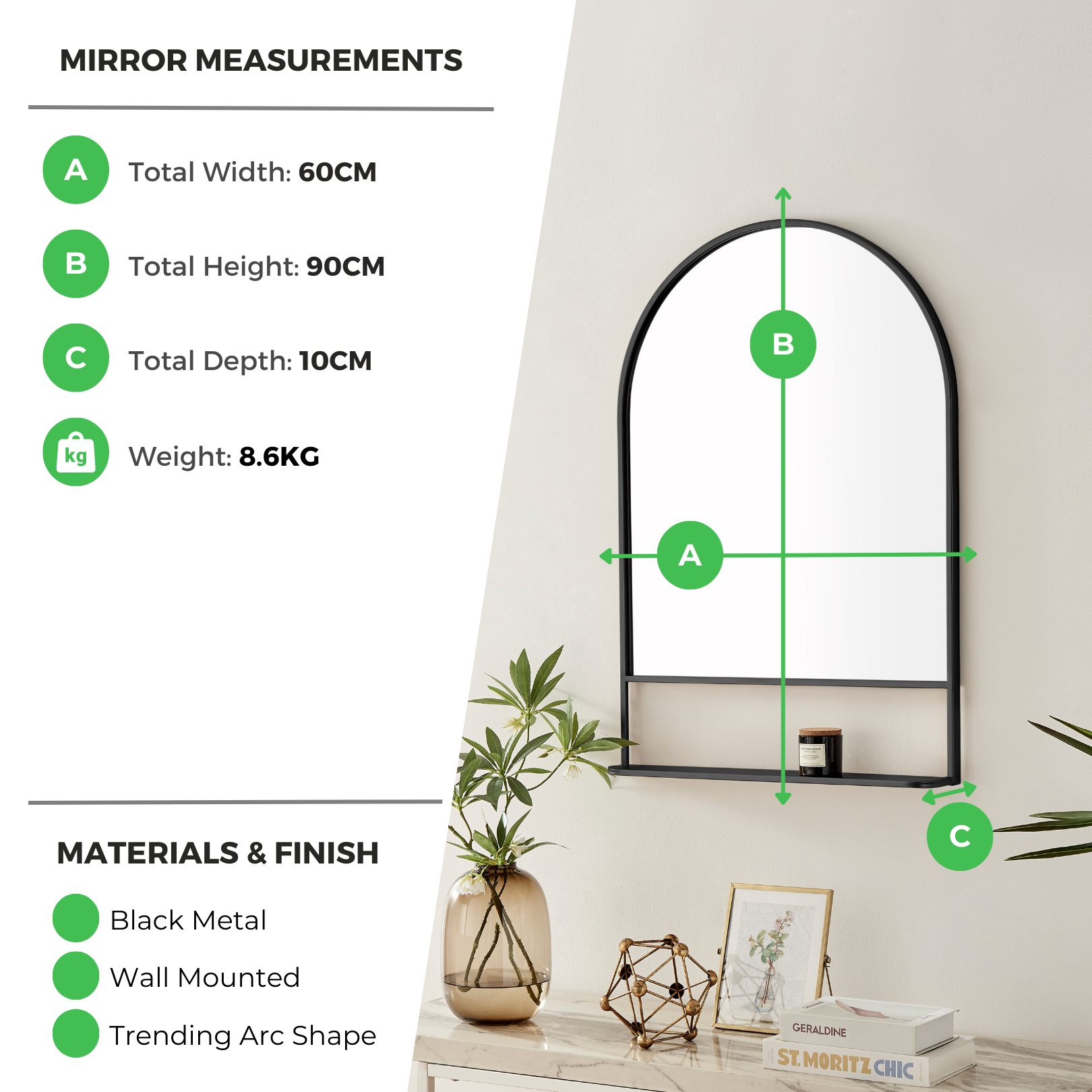 Dara Black Metal Arch Wall Mirror with Shelf