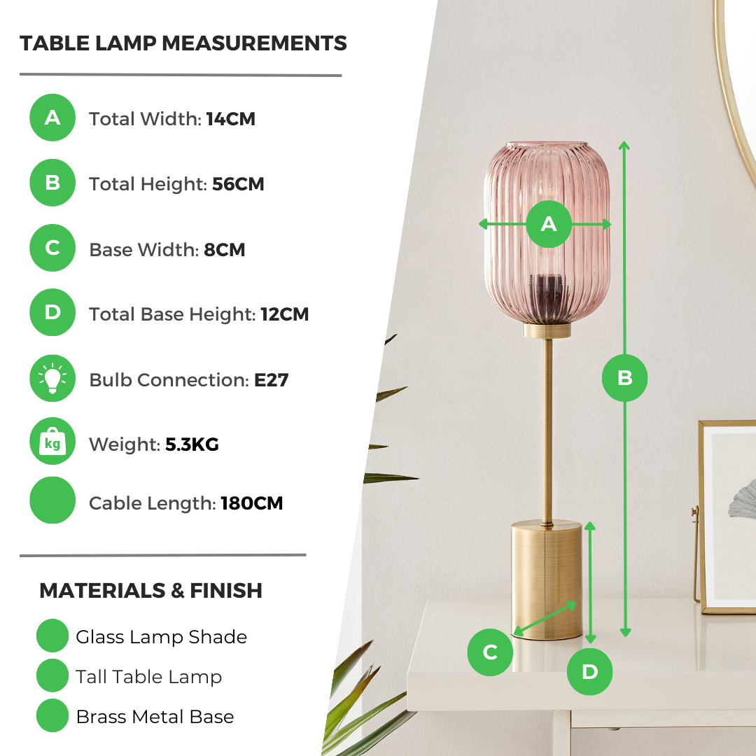 Coral Pink Glass and Brass Table Lamp