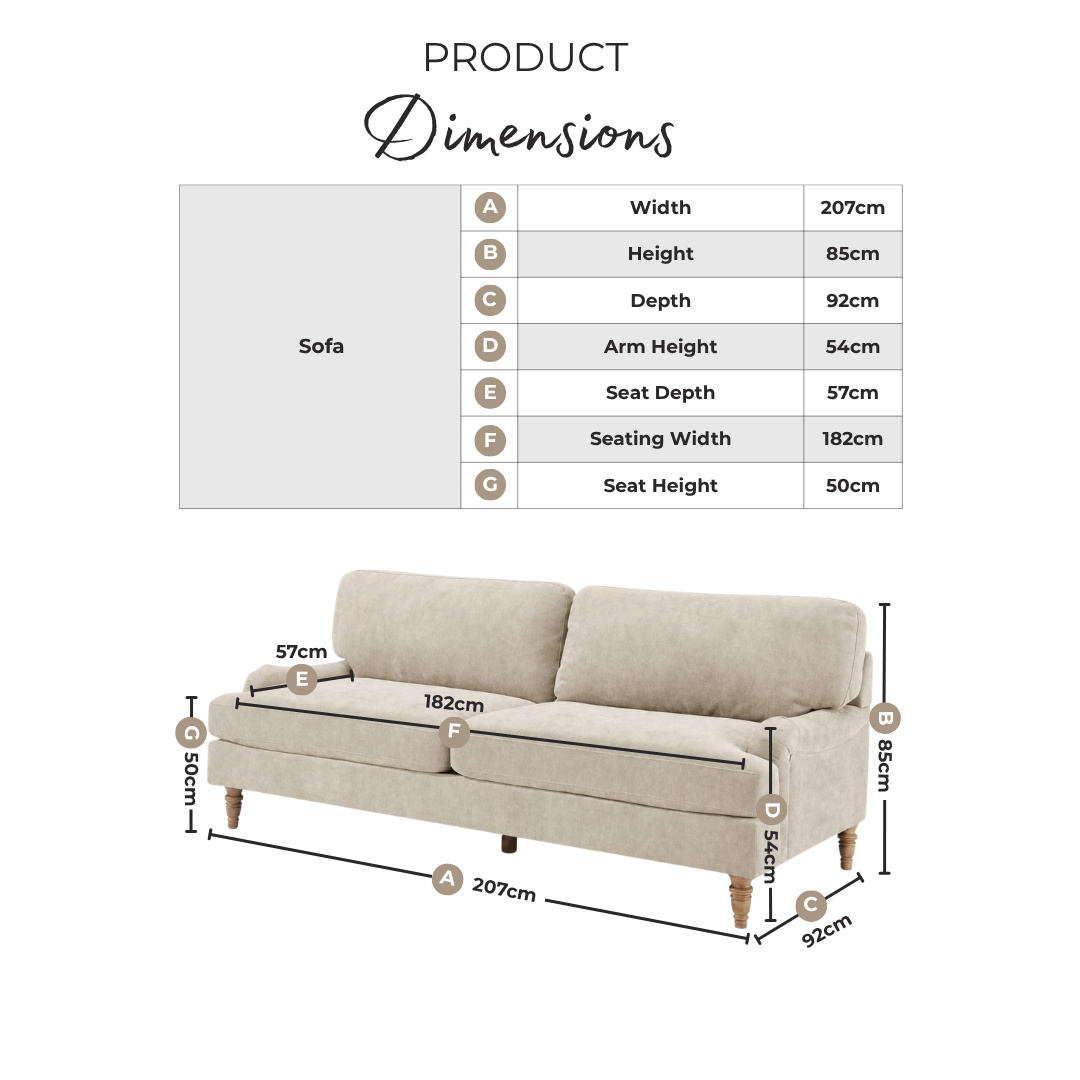 Bernie Beige Chenille Fabric 3 Seater Sofa