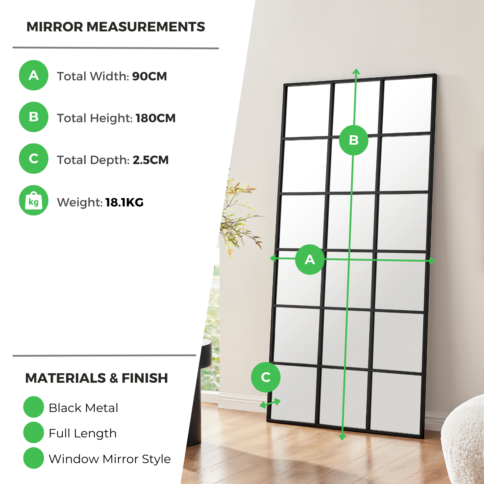 Yoko Black Rectangular Large Full Length Window Mirror