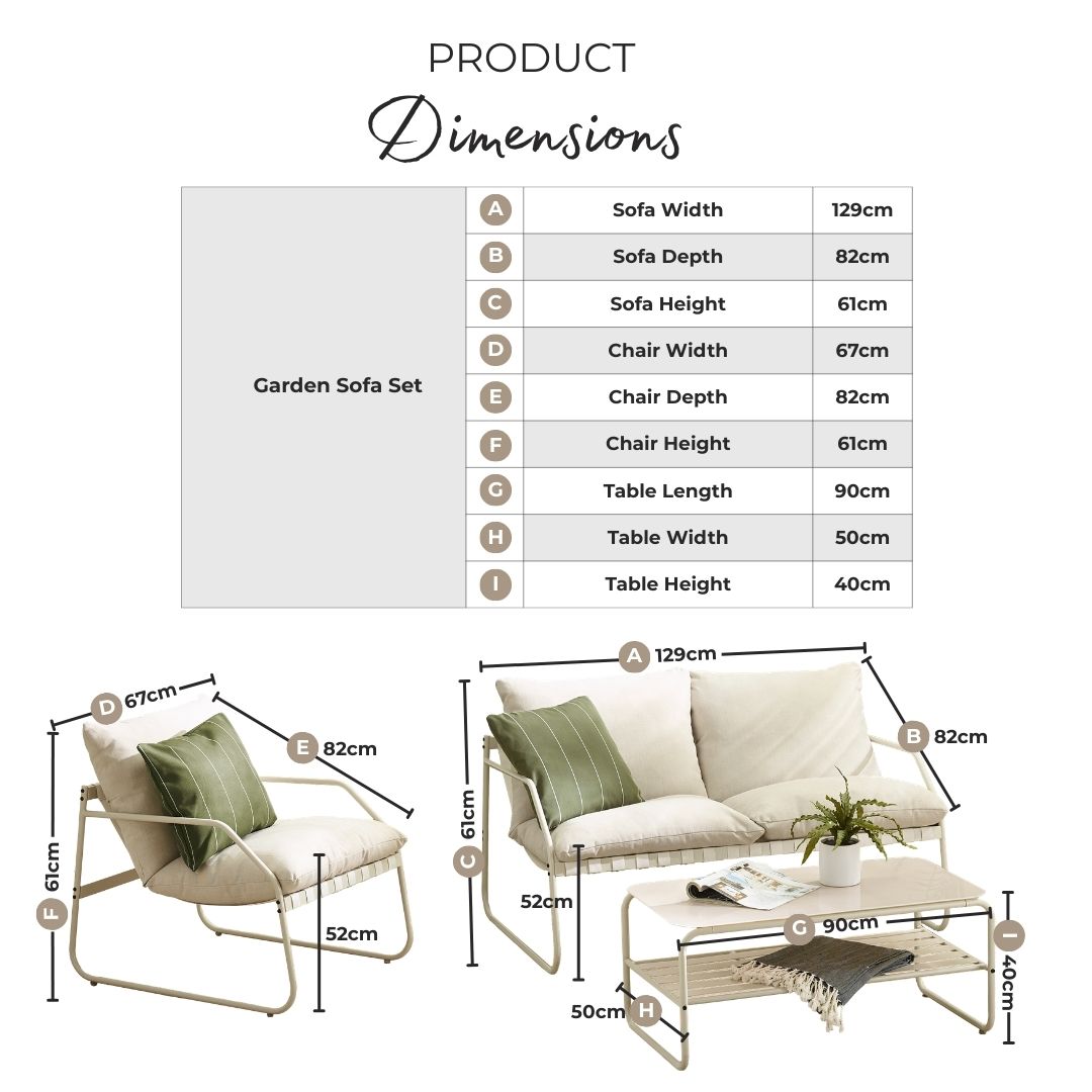 Syros Cream Metal & Fabric 4 Seat Garden Sofa Set