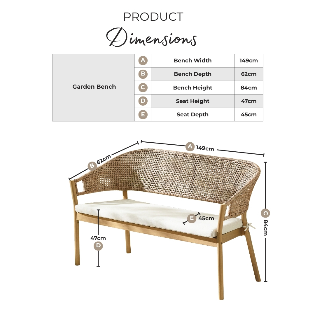 Asa Wood, Wicker & Cream 2/3 Seater Garden Bench