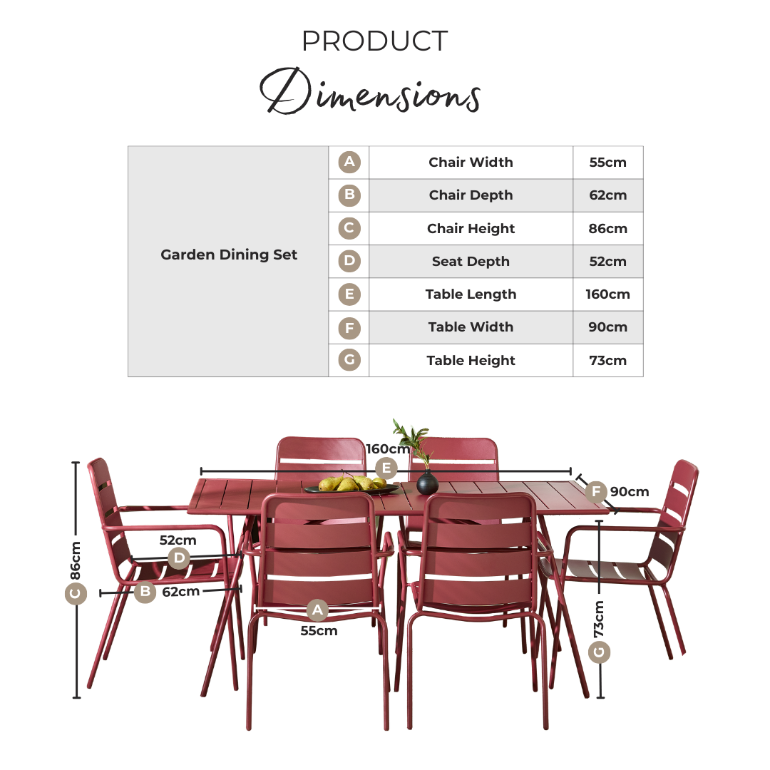 Leros Berry Red Metal 6 Seat Garden Dining Set