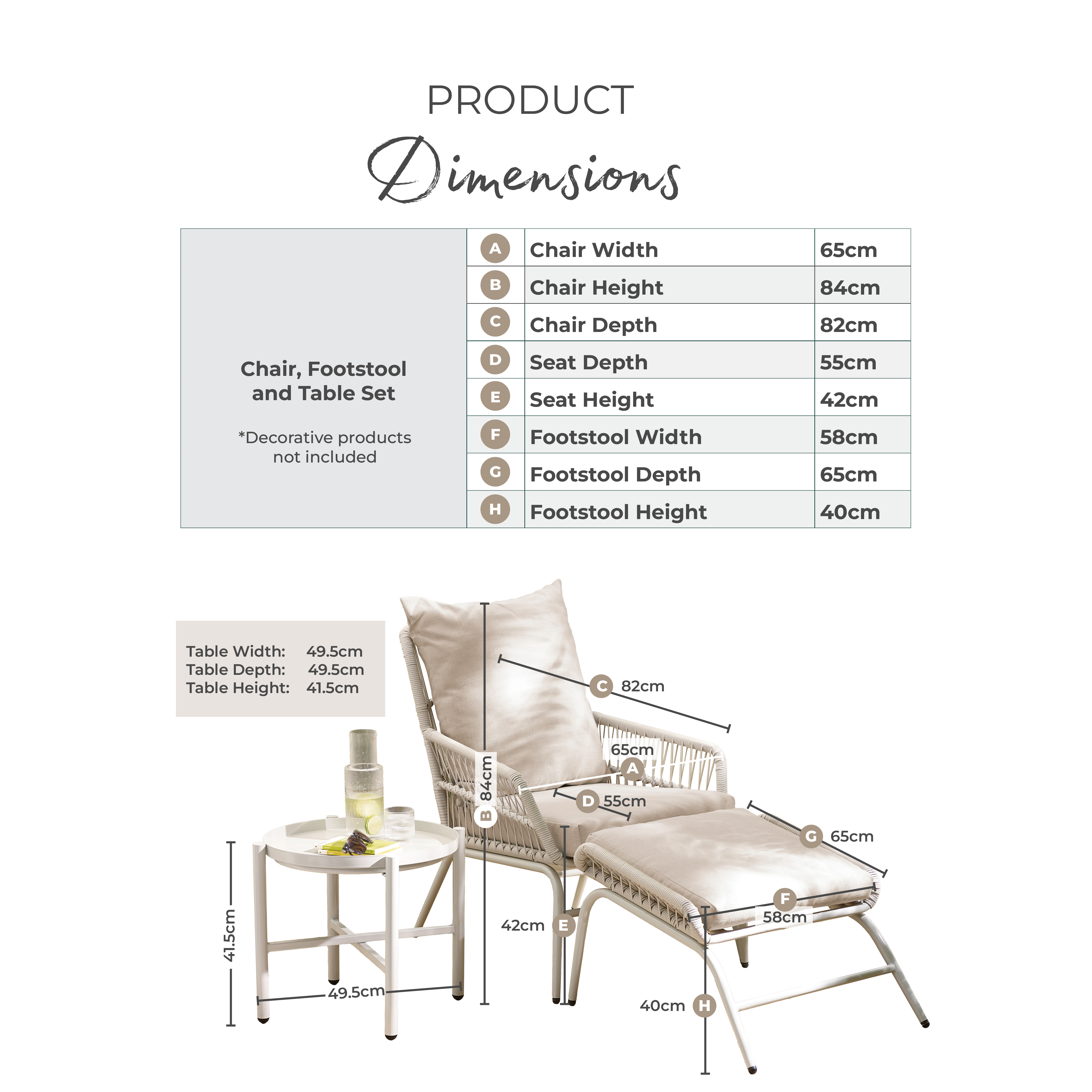 Lyon Cream Metal Garden Chair with Footstool & Side Table