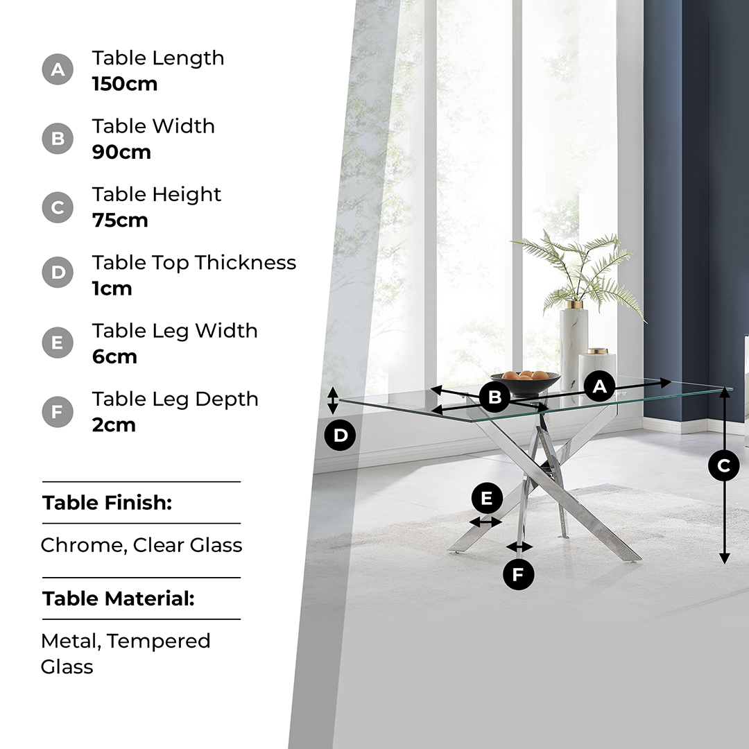 Leonardo Rectangular Glass and Silver Metal 6 Seater Dining Table