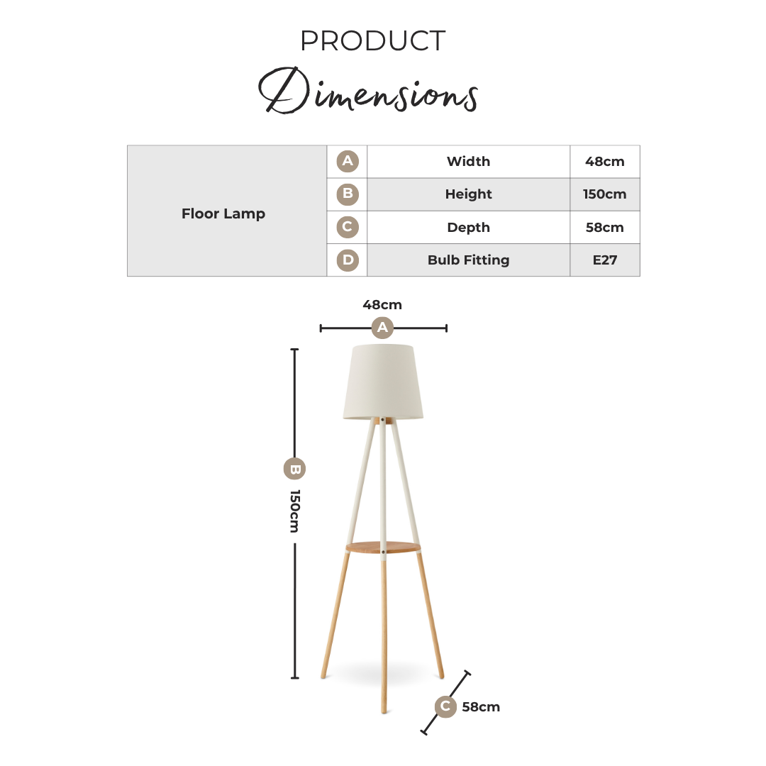 Kelsey White & Wood Tripod Standing Floor Lamp with Shelf