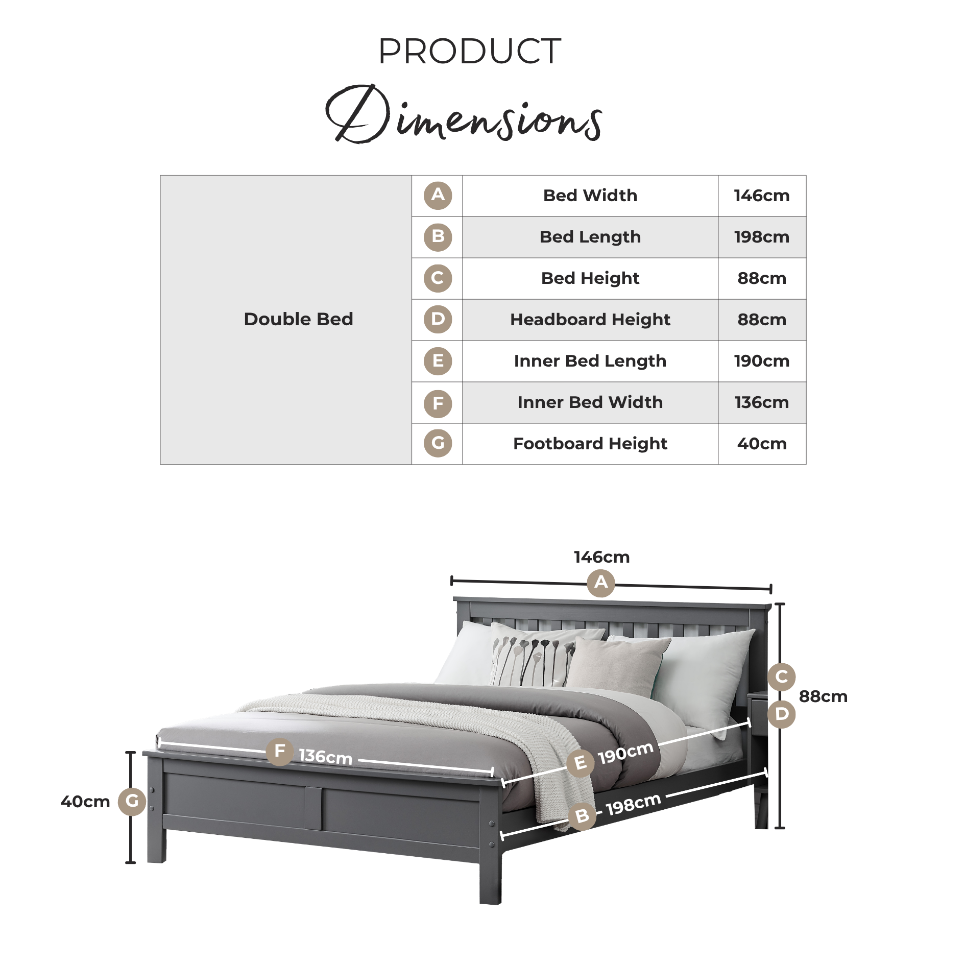 Azure Grey Solid Pine Double Bed Frame + 2 Drawers