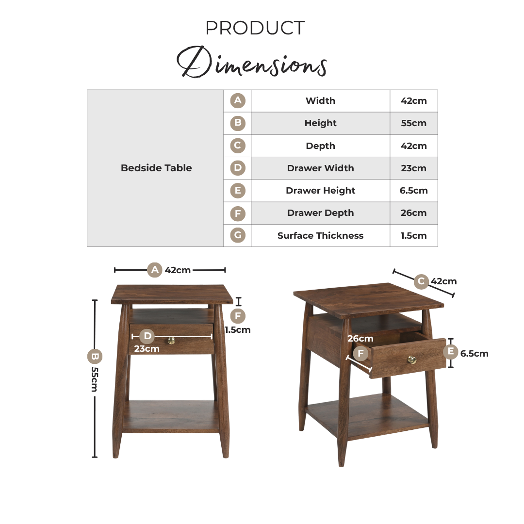 Elbrus 1 Drawer Walnut Wood Bedside Table